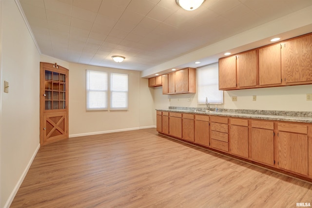 kitchen featuring light hardwood / wood-style floors, ornamental molding, and sink