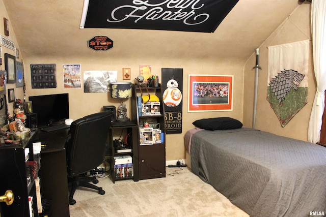 bedroom with light colored carpet