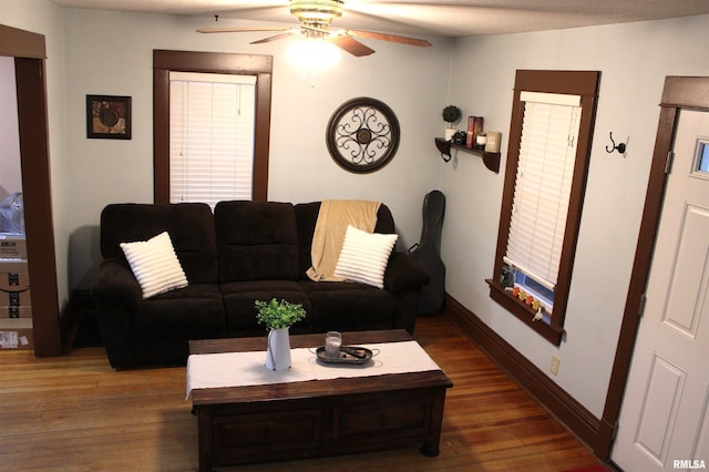 living room with hardwood / wood-style floors and ceiling fan