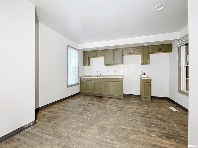 kitchen featuring dark hardwood / wood-style flooring, green cabinetry, and sink