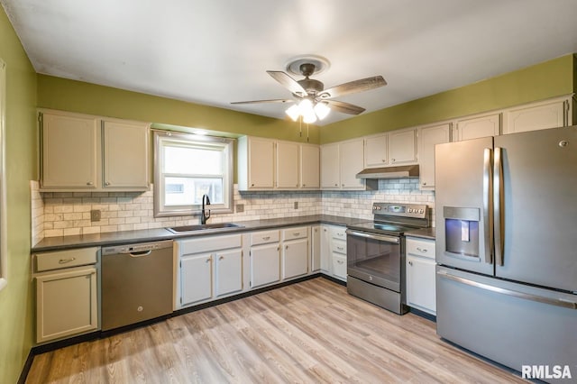 kitchen featuring ceiling fan, sink, stainless steel appliances, light hardwood / wood-style flooring, and decorative backsplash