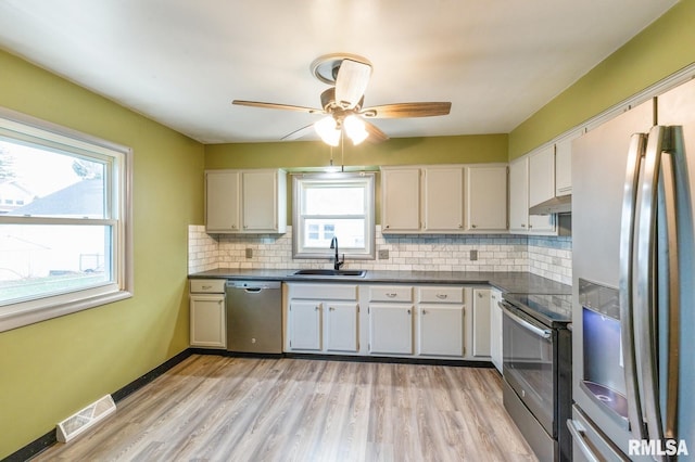 kitchen featuring stainless steel appliances, light hardwood / wood-style flooring, and a healthy amount of sunlight