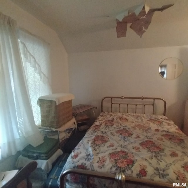 bedroom with lofted ceiling and multiple windows