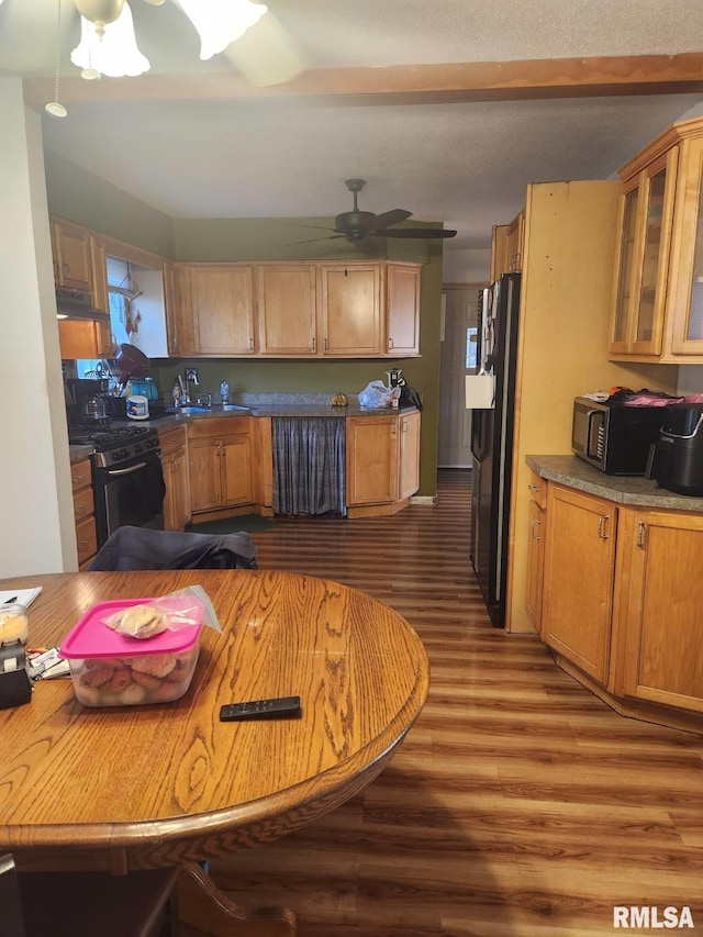 kitchen featuring ceiling fan, black appliances, and dark hardwood / wood-style floors