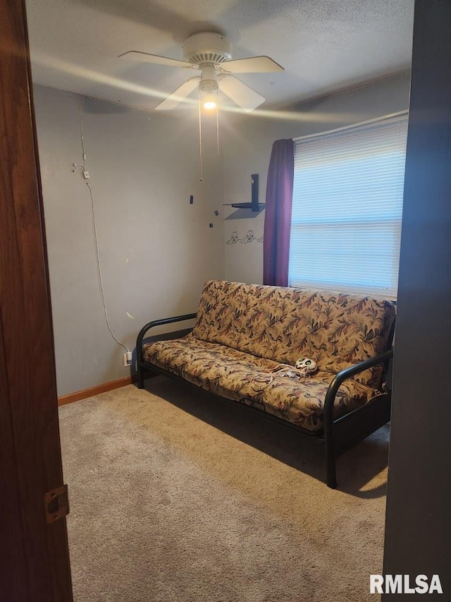 interior space featuring ceiling fan and carpet