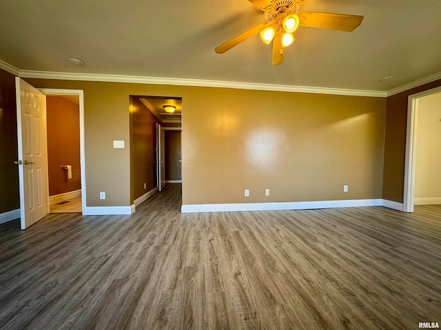 spare room with crown molding, hardwood / wood-style floors, and ceiling fan