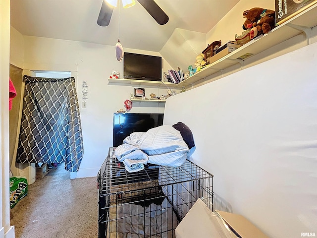 bedroom with ceiling fan and concrete flooring