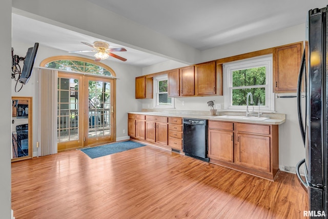 kitchen featuring black appliances, plenty of natural light, and light wood-type flooring