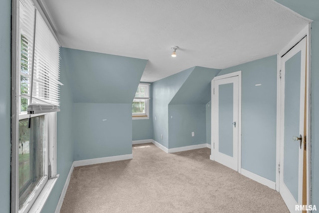 additional living space with light carpet, a textured ceiling, and lofted ceiling