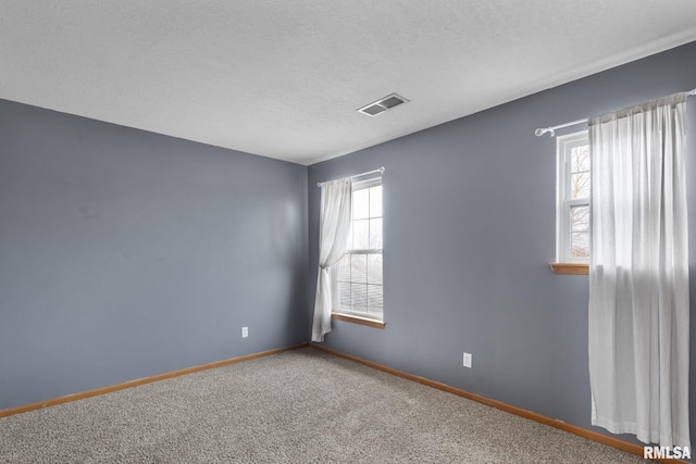 empty room with carpet and a textured ceiling