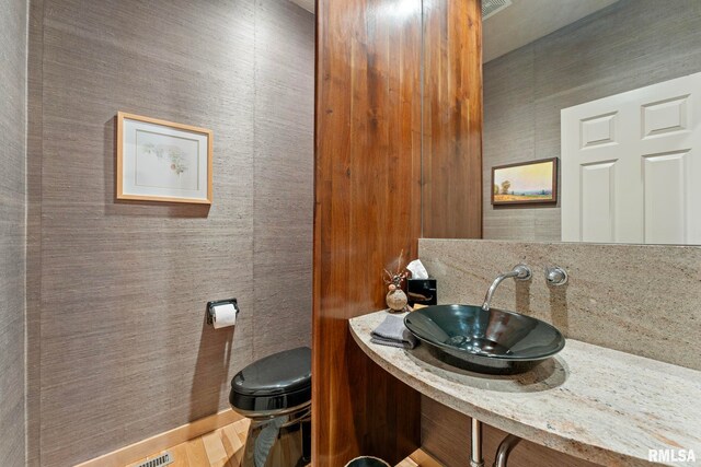 bathroom featuring hardwood / wood-style flooring, decorative backsplash, and sink