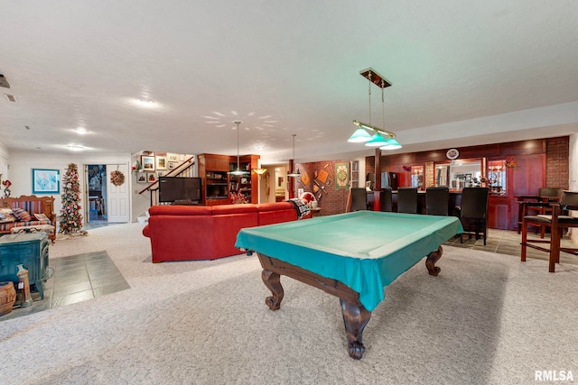 rec room with indoor bar, light colored carpet, and billiards