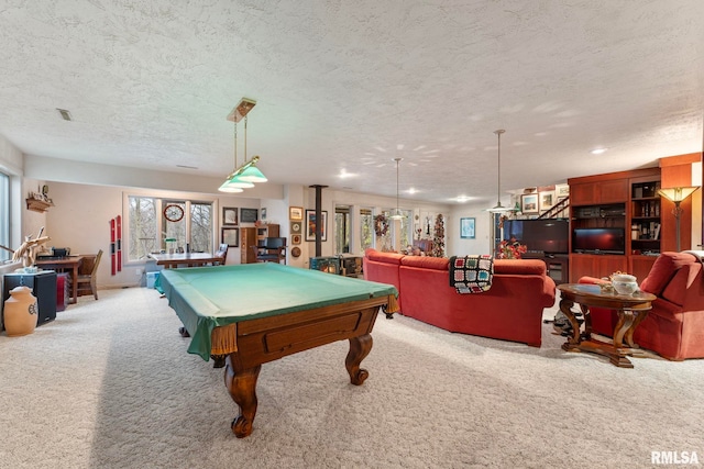 playroom featuring a textured ceiling, light carpet, and billiards