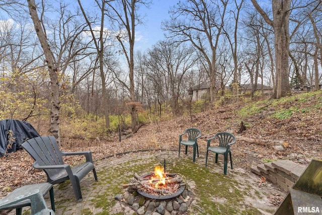 view of yard featuring an outdoor fire pit