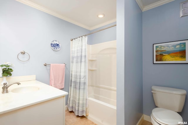 full bathroom featuring shower / bath combination with curtain, vanity, crown molding, tile patterned flooring, and toilet