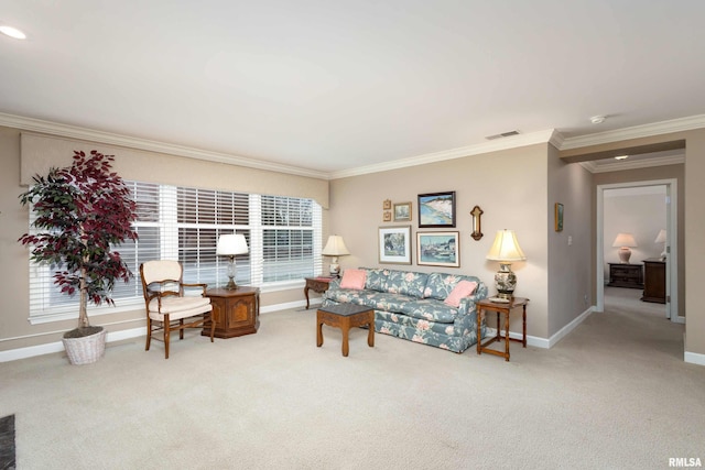 living room featuring carpet flooring, ornamental molding, and a wealth of natural light