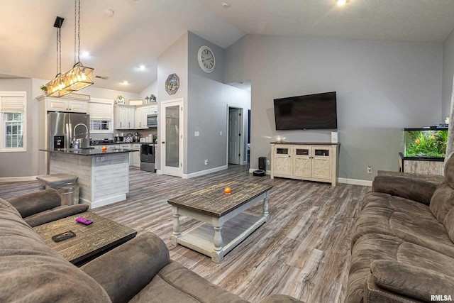 living room featuring hardwood / wood-style floors and high vaulted ceiling