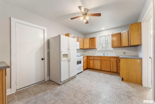 kitchen featuring sink, white appliances, and ceiling fan