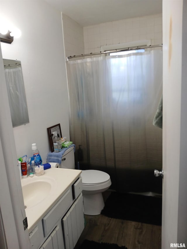 bathroom with vanity, toilet, and wood finished floors