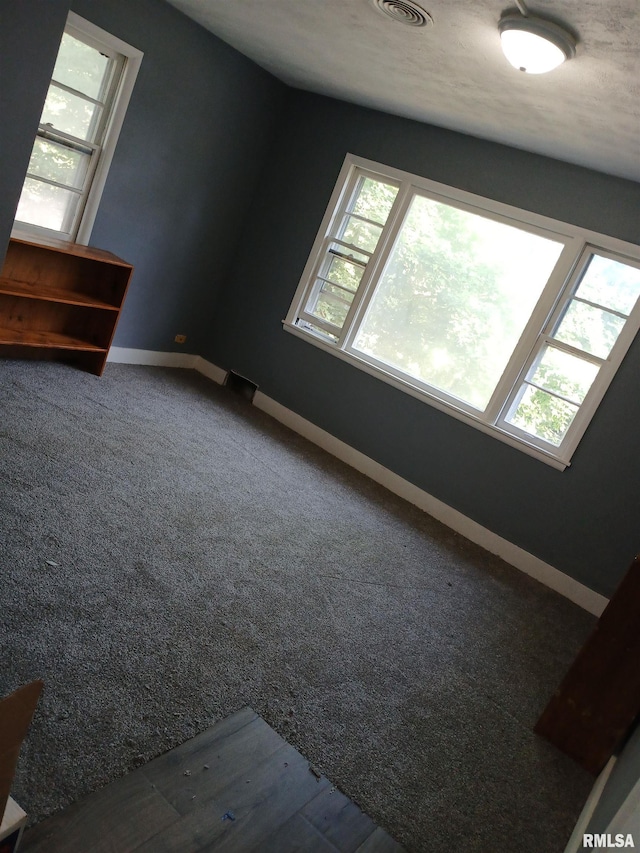 additional living space with a wealth of natural light, baseboards, and dark colored carpet