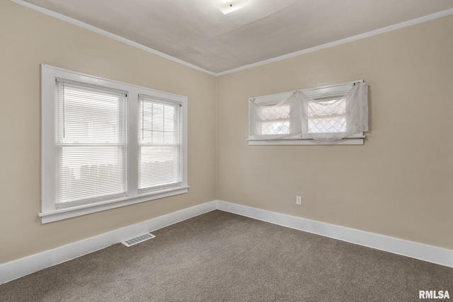 empty room featuring carpet flooring and crown molding