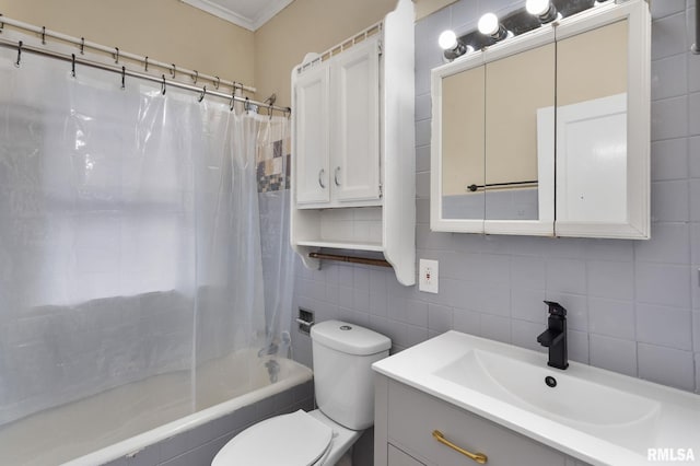 full bathroom featuring backsplash, shower / bath combo with shower curtain, vanity, and tile walls