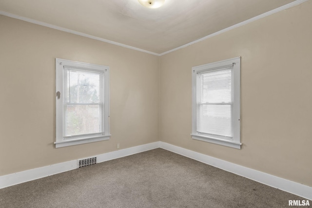 spare room with carpet floors and ornamental molding