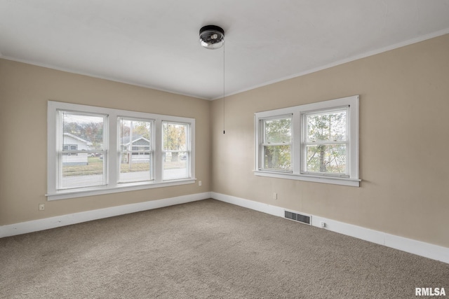 carpeted spare room with ornamental molding