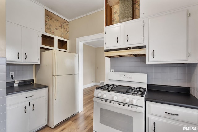 kitchen with white cabinetry, light wood-type flooring, white appliances, and backsplash