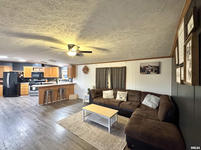 living room with ceiling fan, sink, dark hardwood / wood-style flooring, a textured ceiling, and ornamental molding