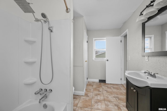 bathroom with vanity, tile patterned floors, and tub / shower combination