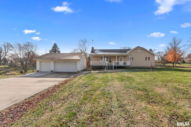 single story home featuring a front yard, a porch, and a garage