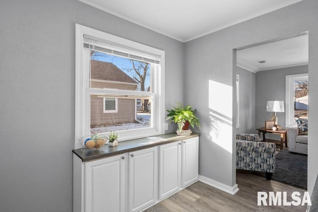 interior space featuring light wood-type flooring, ornamental molding, and white cabinets