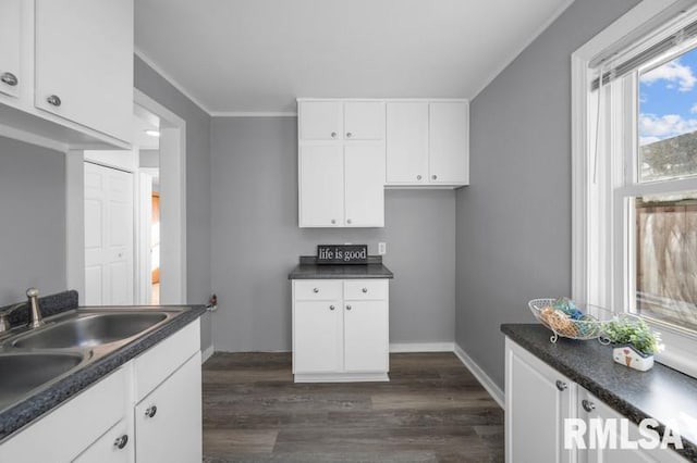 kitchen with dark hardwood / wood-style flooring, white cabinets, and sink