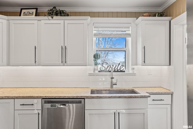 kitchen featuring white cabinetry, dishwasher, sink, backsplash, and crown molding