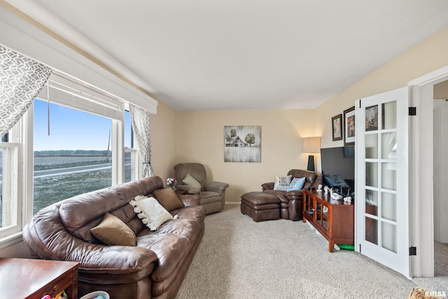 living room with a water view and carpet