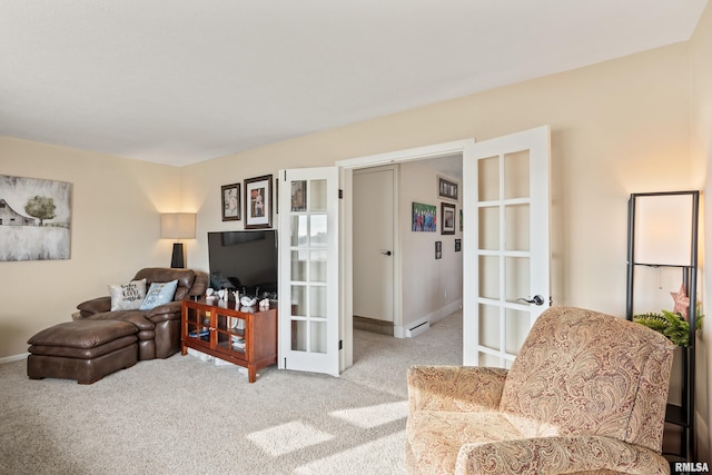 carpeted living room with french doors