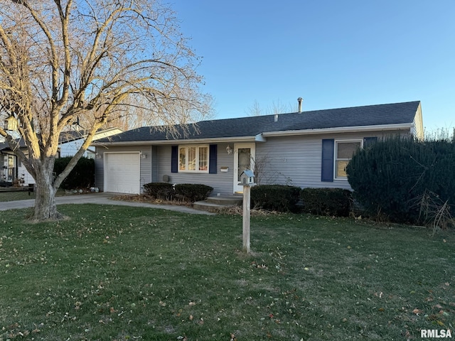 ranch-style house with a garage and a front lawn