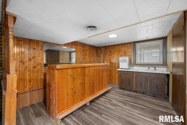 kitchen with wood walls, dark hardwood / wood-style flooring, and sink