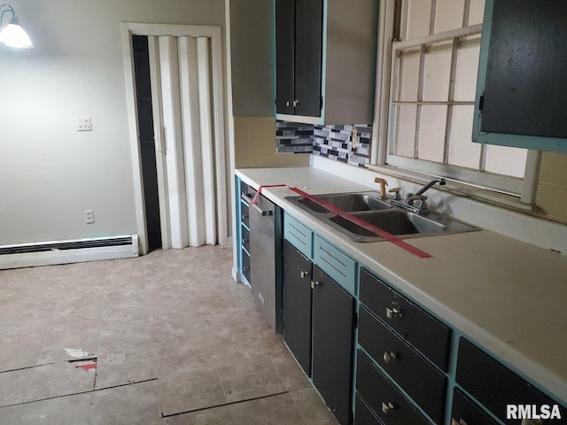 kitchen with decorative backsplash, baseboard heating, dishwasher, and sink