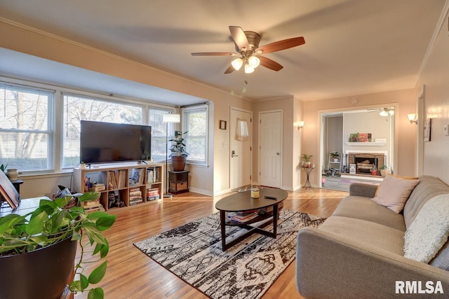 living room with ceiling fan, light hardwood / wood-style floors, and ornamental molding