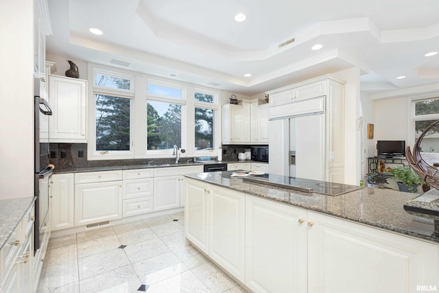 kitchen with white cabinets, decorative backsplash, a raised ceiling, and dark stone counters