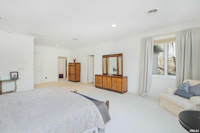 bedroom with crown molding and light colored carpet