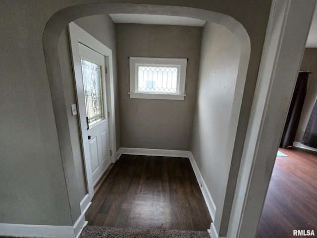 doorway featuring arched walkways, baseboards, and wood finished floors