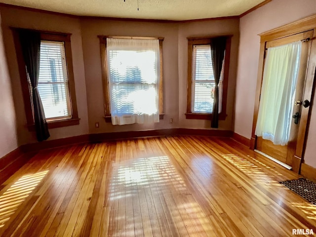 1812 E 1650th St, Paloma, IL 62359 - empty room with a textured ceiling, crown molding, light hardwood / wood-style flooring, and plenty of natural light