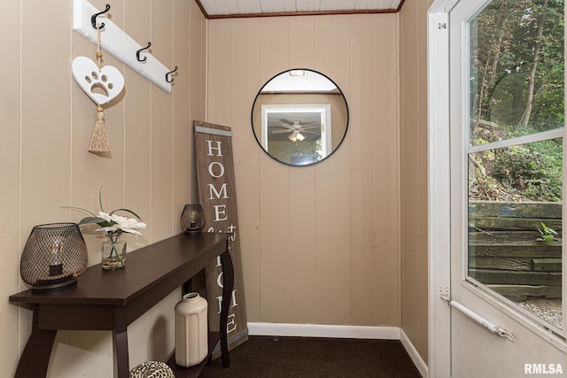 doorway featuring wooden walls