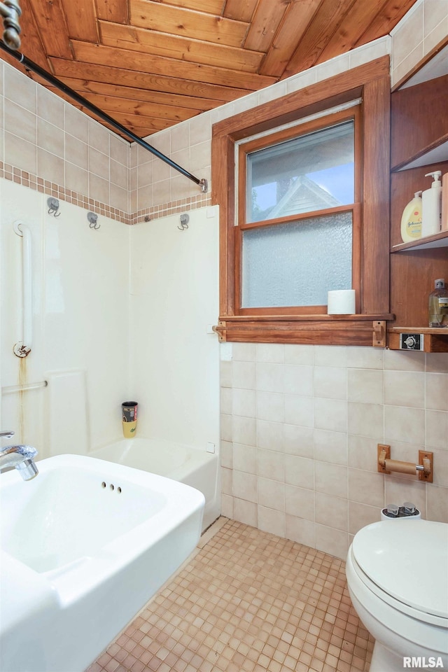 bathroom featuring tile patterned floors, toilet, tile walls, and wooden ceiling