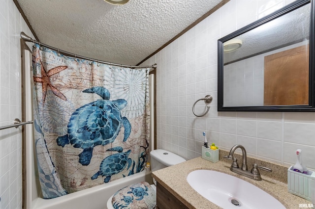 full bathroom featuring a textured ceiling, toilet, and tile walls