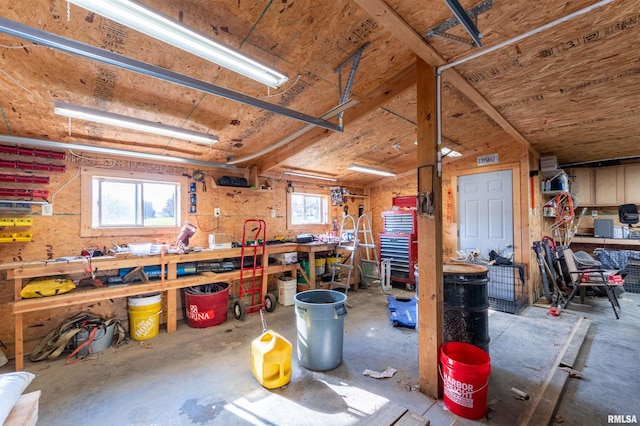 miscellaneous room featuring a workshop area, a healthy amount of sunlight, and concrete floors