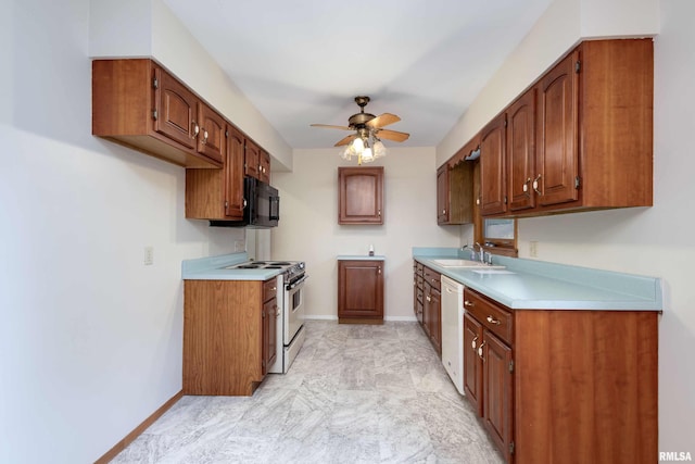 kitchen featuring electric range, brown cabinetry, white dishwasher, light countertops, and black microwave